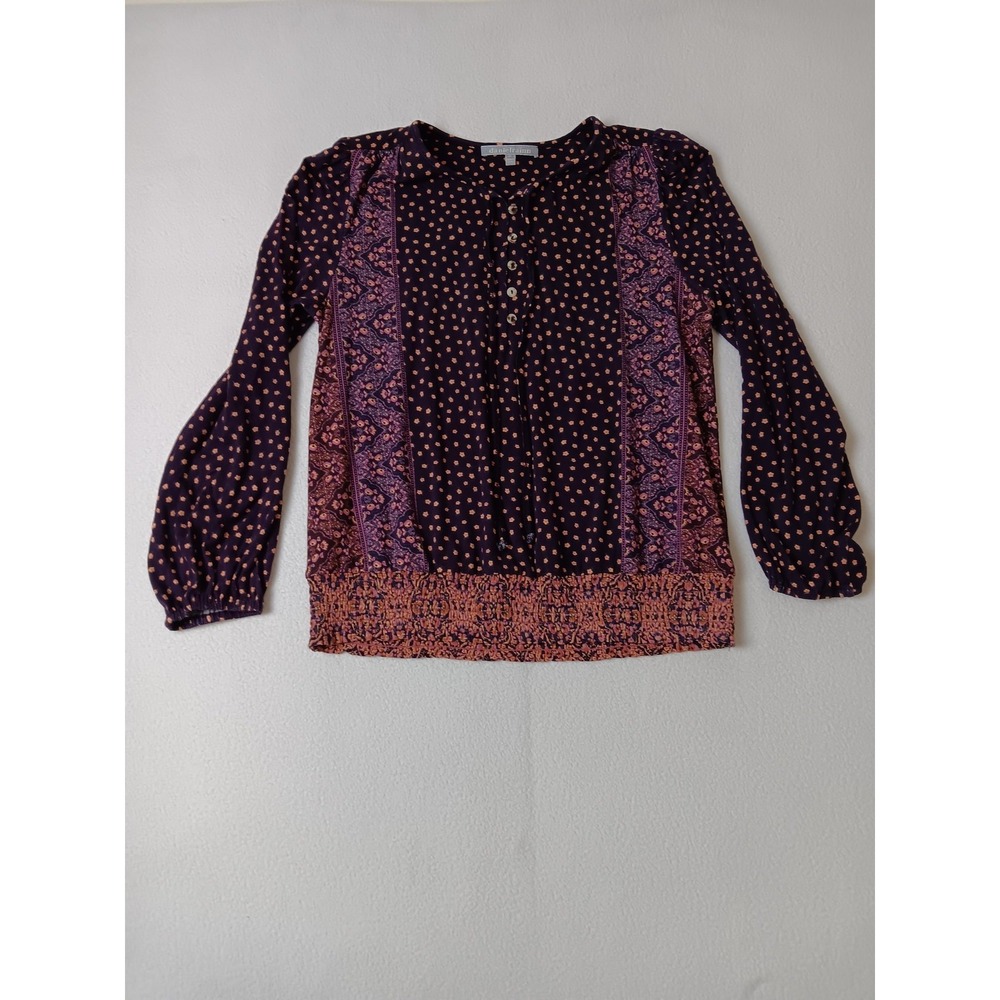 Daniel Rainn Blouse Womens Petite S Purple Floral Henley‎ Balloon Sleeve Jersey